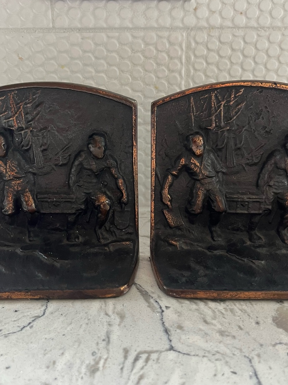 “Antique 1920s Pompeian Bronze Co Pirates Den Bookends Pair Model 816 Art Deco”